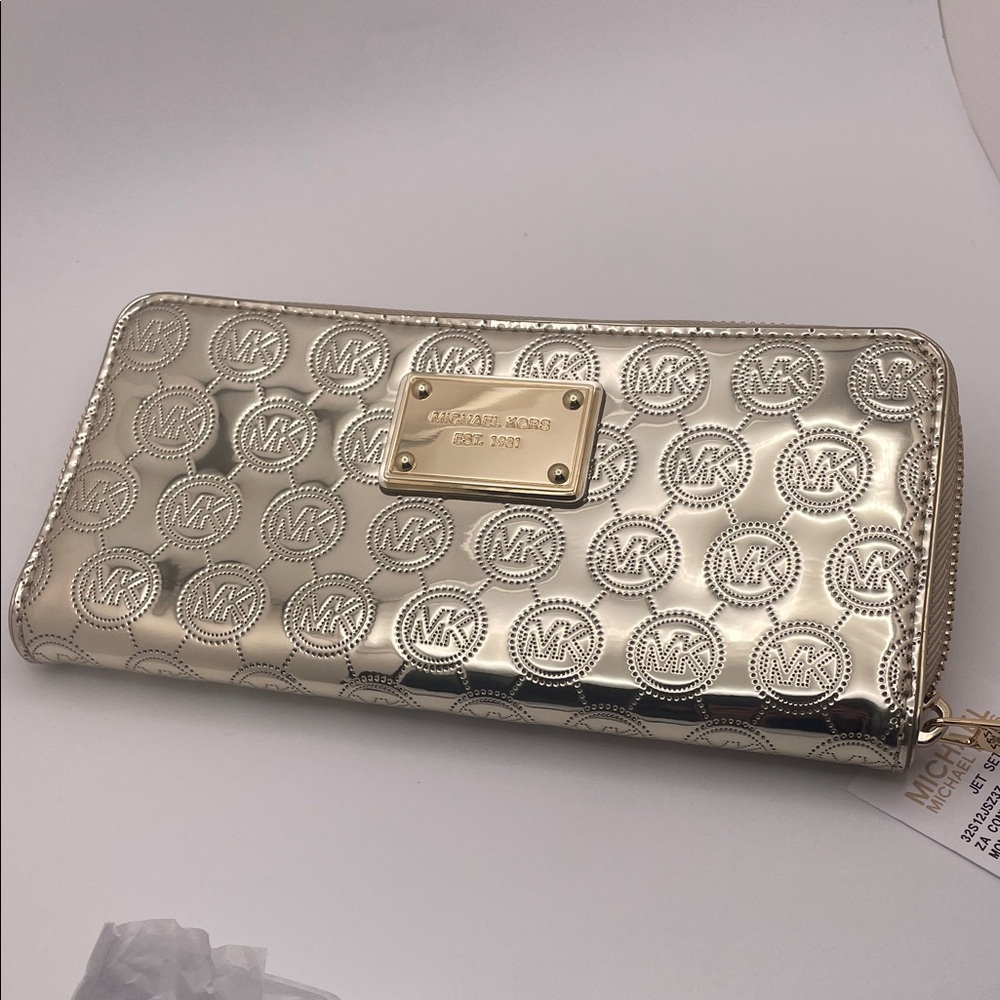 Michael Kors Metallic Gold Wallet Jet Set Mono Mirror zippered